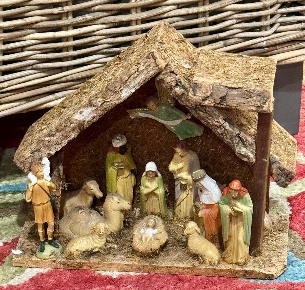 Vintage Handcrafted Mini Wood and Moss Nativity Scene with Plastic Figures